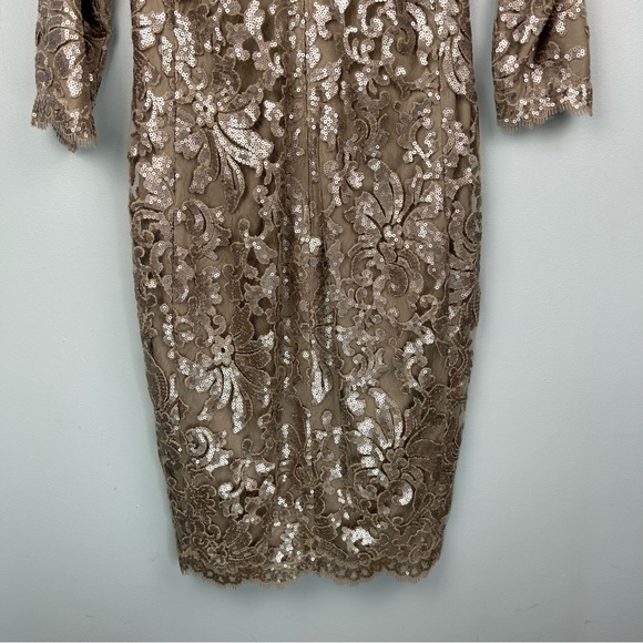 Tadashi Shoji Cocktail Dress Sequin Lace Embroidery Appliquéd Sand Beige Sz 8 - Picture 10 of 15